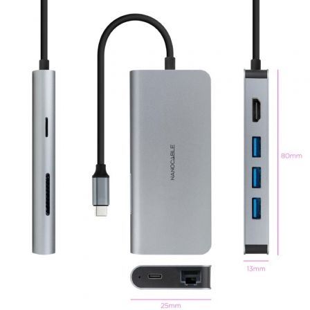 Nano Cable 10.16.4609 Hub USB-C 8 en 1 - 3xUSB 3.0, HDMI 4K 60Hz, Puerto PD 100W, RJ45 Gigabit, Lector de Tarjetas SD/TF, Color Gris